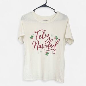“Feliz Navidad” Cream Short Sleeve Holiday T-Shirt, Size Medium